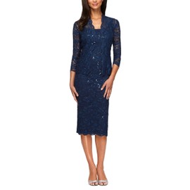 Alex Evenings Women's T-Length All Over Lace Dress with Jacket Set, Navy, 12