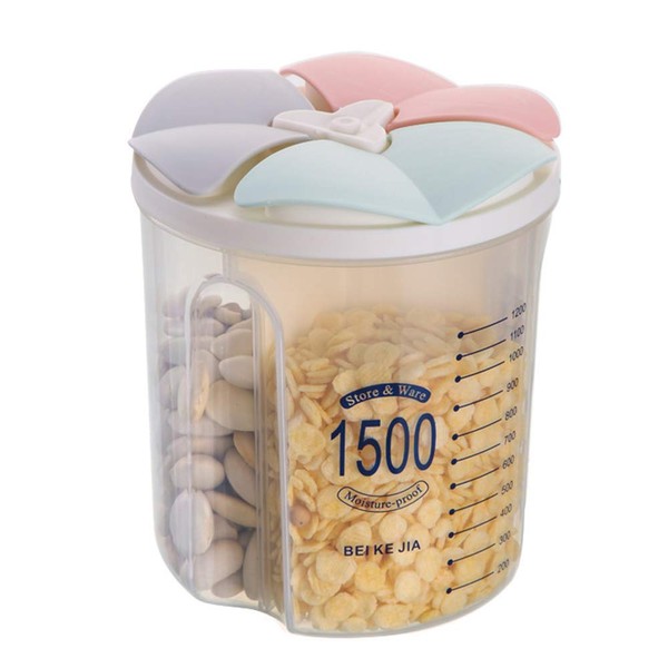 PDOOR Airtight Food Storage Container, Leak-Proof Plastic Dry Cereal Dispensers Containers with Durable Lids for Flour, Sugar, Rice - 1.5L/3 Grid