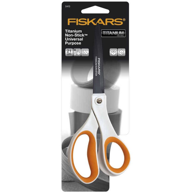 Fiskars Antihaft-Universalschere, Länge: 21 cm, Titan-Beschichtung/Rostfreie Stahl-Klinge/Kunststoff-Griffe, Weiß/Orange, 1004721