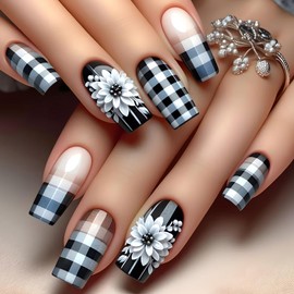 Houndstooth French Tip Press on Nails Long Length Flower False Nails Gradient Acrylic Nails Full Cover Artificial Coffin Nails Press Nails with Charm Floral Stick on Nails Glue on Nails for Women