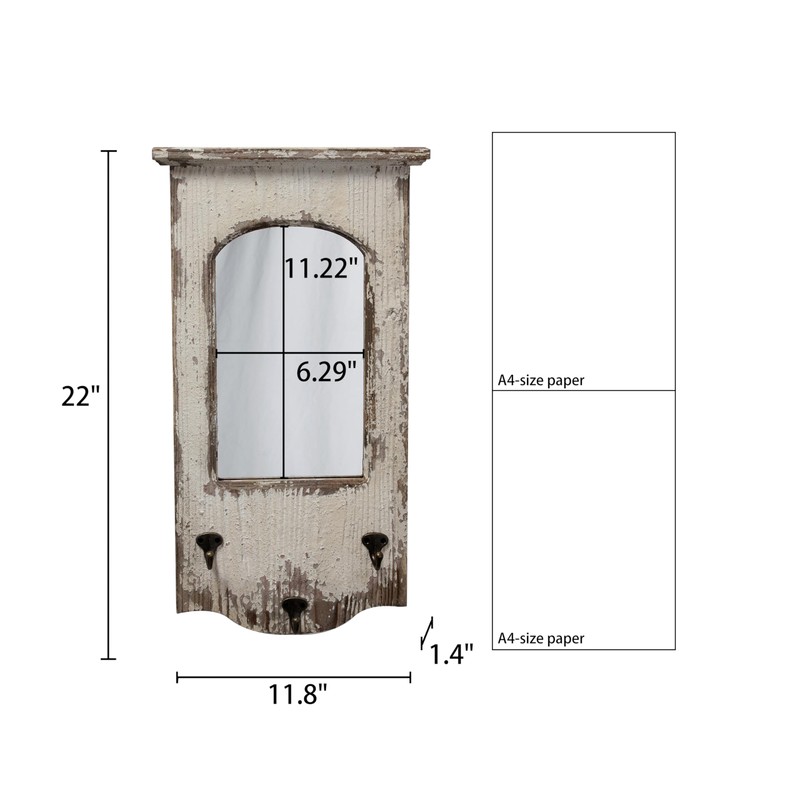 Rustic Entryway Arched Wall Mirrors with 3 Metal Hooks 12"
