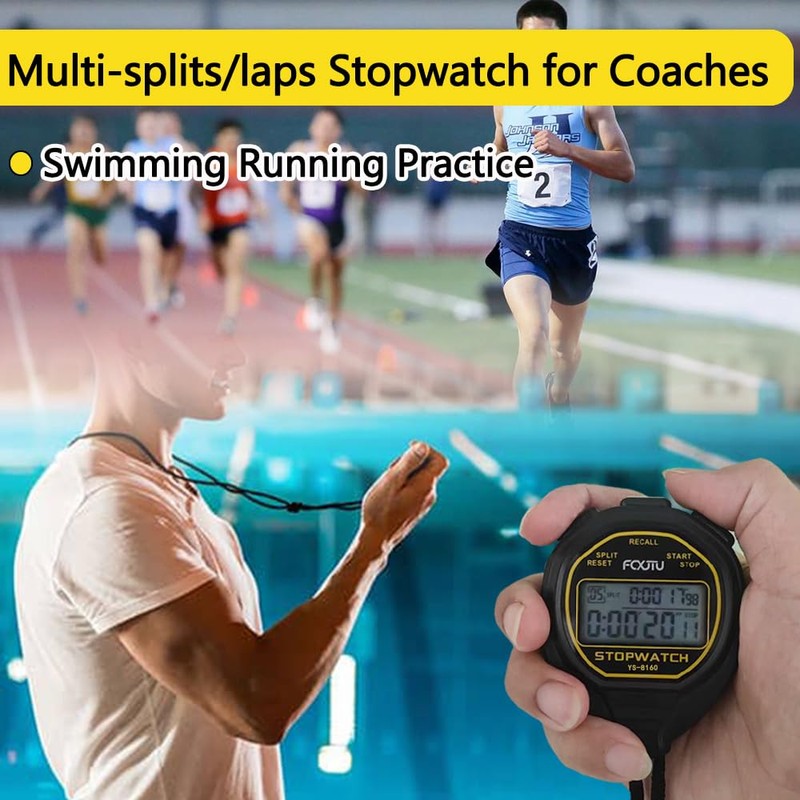 FCXJTU Digital Waterproof Stopwatch, 60 Rounds Split Memory Stopwatch, No