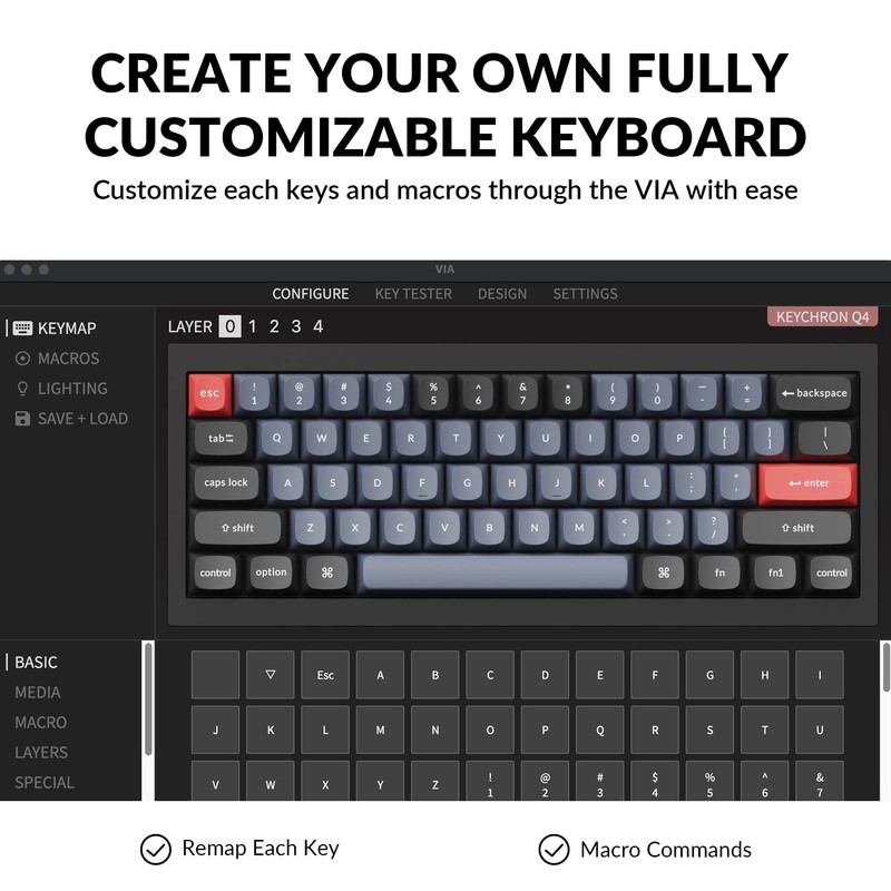 Keychron Q4 Wired Custom Mechanical Keyboard, 60% Layout QMK/VIA Programmable