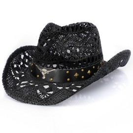 WQWOVRVO Black Straw Cowboy Hat for Women, Size 13 Years, 3.5 Inch Brim, Adjustable, Sun Protection