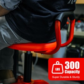 FreekyFit Garage Stool, Adjustable Height Swivel Work Mechanic Shop Stool with Backrest, Pneumatic Shop Chair for Home, Workshop, 300 LBS Capacity, 360° Rotation, Heavy Duty, Red