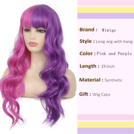 Wiwige Half Pink Half Purple Wig Long Curly Wavy Split Wig with Bangs Synthetic Cosplay Party Wig for Women