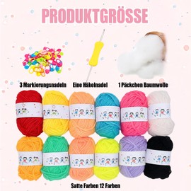 Wool for Crocheting, 12 Colours Crochet Yarn Cotton, Cotton for Crocheting, Crochet Wool Set with Crochet Hook and Accessories, Ideal for Beginners and DIY Projects