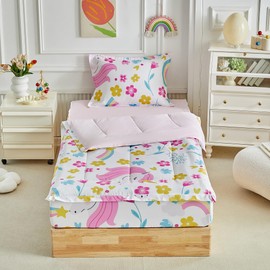 Kids Comforter Set with Zipper - 3 Pieces Full Size Zipper Bedding Comforter Set Lightweight Microfiber Comforter Set with Fitted Sheet Pillow Covers - White Pink Unicorn Flower Style for Girls