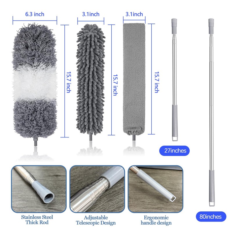 Microfiber Duster with Extension Pole 27-80 Inch, 4PCS Bendable Washable