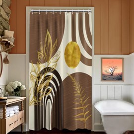 QGHOT Boho Mid Century Modern Shower Curtain Black and Brown Shower Curtains for Bathroom Decor Beige and Dark Tan Gold Leaves Abstract MCM Bath Curtain Set, Waterproof Fabric, 48" W x 72" L