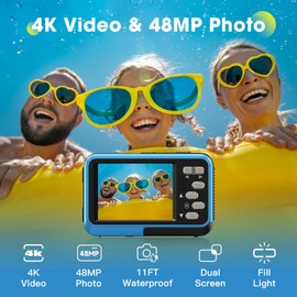 4K Waterproof Camera Underwater Camera Snorkeling 11FT with 64GB Card Dual Screens Selfie 48MP Autofocus 16X Zoom Compact Digital Camera Waterproof with 2 Batteries (Blue)