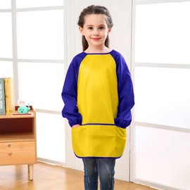 Liutufy Kids Painting Aprons with Pockets and Long Sleeves - Waterproof Art & Craft Smocks for 3-8 Year Old Boys and Girls (Yellow Apron-M)