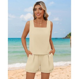 Riyiper Women 2 Piece Sets Summer Linen Outfits Cotton Sleeveless Square Neck Crop Tank Top Elastic Waist Shorts with Pockets(Apricot,Small)