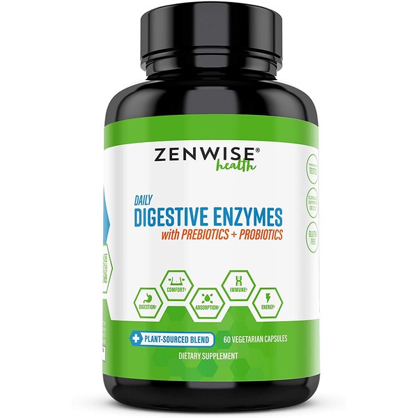 Zenwise Digestive Enzymes Probiotics and Prebiotics - Digestion and Bloating Relief for Women and Men, Lactose Absorption with Amylase & Bromelain (60 Count (Pack of 1))