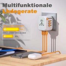 Reiseadapter Weltweit Universal Reisestecker mit PD20W 2 USB 1 USB C und 1AC Steckdose Internationaler Steckdosenadapter Universaladapter für Deutschland USA England Thailand Italien Australien