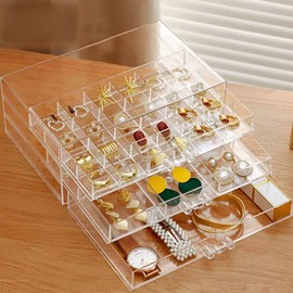 CLUQMEIK Earring Jewelry organizer Storage Box 3 Drawers Clear Acrylic Earring Jewelry Box for Women Girls