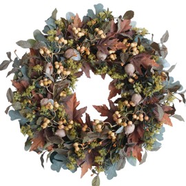 vivimemo 24-inch Fall Wreath Handcrafted Brown Green Maple Leaves White Fruits Fall Wreath Front Door Fireplace Window Decoration Thanksgiving Halloween Party Celebration Wedding Office Decoration