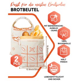 Beeswax Bread Bags Pack of 2 - Reusable Cotton Bags 32 x 43 cm Extra Large - for Keeping Bread & Baked Goods Fresh (Beige + White)