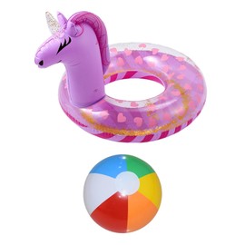 1 Rainbow Horse Swimming Ring, 1 6-Color Beach Ball, Inflatable Swimming Ring, Glittering Sequin Floating Swimming Ring, Children'S Fantasy Swimming Ring, Summer Swimming Pool Accessories