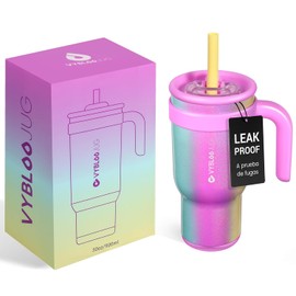 Vaso Termico con Doble Pico, Termo con Popote para Frío y Caliente, Vaso Acero Inoxidable para Hombres y Mujeres, Libre de BPA (30 oz / 900 ml, Arcoíris)
