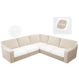 HDCAXKJ Waterproof Sectional Couch Cushion Covers Stretch Corner Sofa Cushion Covers Jacquard L Shaped Slipcover Washable 5 Pieces Seat Cushion Cover U Shape Furniture Protector (5 Seater, White)