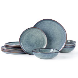 AmorArc Ceramic Dinnerware Sets,Handmade Reactive Glaze Plates and Bowls Sets,Highly Chip and Crack Resistant | Dishwasher & Microwave Safe Dishes Set,Service for 4 (12pc)