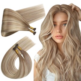 Ugeat Itip Hair Extensions Real Human Hair Balayage Light Brown with Platinum Blonde Ombre I Tip Hair Extensions Human Hair 18 Inch Cold Fusion Itips Human Hair Extensions 50s 40g
