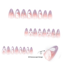 KTAABTR 24Pcs Purple French Tip Press on Nails White Line Fake Nails with Glue Butterfly Charms Acrylic Nails Design Butterfly Nail Gems Diamond Full Cover False Nails Stick on Nails for Women Girls