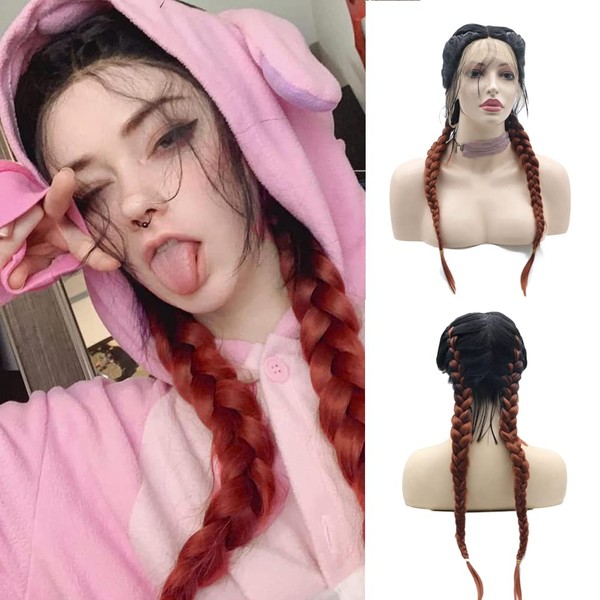 AFBeauty Copper Red Braided Wig for Women Synthetic Long Auburn with Black Root Double Braided Wig Heat Resistant Cosplay Makeup Drag Queen Braid