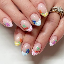 PODUOJIEYI 24Pcs French Tip Press on Nails Short Round Fake Nails with Colorful Cartoon Fruit Designs Full Cover Nude Pink Glue on Nails Summer Acrylic False Nails Cute Stick on Nails for Women Girls