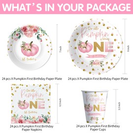 HYOWCHI Our Little Pumpkin Is Turning One Decorations Tableware Girl, Pink Floral Fall Thanksgiving Pumpkin 1st Birthday Party Supplies, Paper Plate, Cup, Napkin, Tablecloth, Cutlery, Serves 24