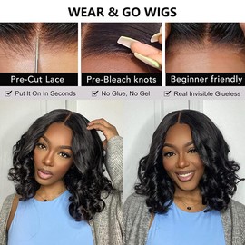 5x5 Wear and Go Glueless Bob Wig Human Hair Pre Plucked Pre Cut Glueless Wigs for Black Women Body Wave Lace Front Wigs Human Hair No Glue Lace Closure Wig for Beginners 180% Density 12 Inch