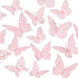 XUNXMAS 3D Pink Butterfly Wall Decor 3 Sizes 4 Styles Butterfly Party Decorations Cake Decorations Removable Stickers Wall Decor Room Mural Metallic Kids (Pink, 48Pcs)