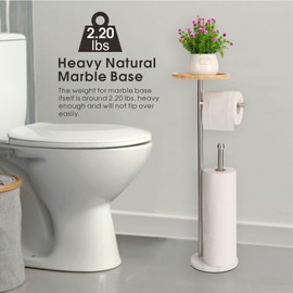 Toilet Paper Holder Stand with 7.9" Big Bamboo Tray, 2.2Lbs Heavier Marble Base, Floor Standing Paper Holder Stand with Phone Shelf, Reserve for 4 Rolls (Brushed Nickel)