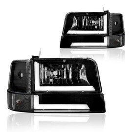 DimFlux LED DRL Headlight Assembly, Headlights Kit Compatible with 1992-1996 Ford F150 F250 F350/1992 1993 1994 1995 1996 Bronco Replacement Headlamp Black Housing Clear Reflector