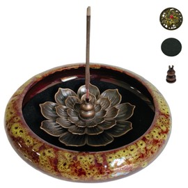 KOPYFANTAP Lotus Incense Holder, Ceramic Incense Burner with Brass Calabash Incense Holder and Metal Cover, Easy to Collect and Clean, Yellow