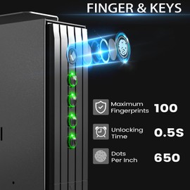 SOULYI Biometric Gun Safe for Handgun, 3 Way Quick Access Auto Sliding Door Bedside Pistol Safe for Nightstand, Desk, Vehicle with Fingerprint, PIN Code, Key Lock, LED Light, and Silent Mode