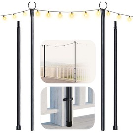 IDZO Heavy Upgrade Duty Outdoor String Light Pole for Deck Fence or Patio Railing, 2 Packs, 9.2Ft, Deck Poles for String Lights with Bracket Kit for Parties, Wedding Decor