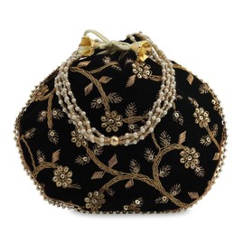 Handcrafted Women Potli Bag Purse Handbag Indian velvet Party Wedding Clutch Bag Traditional Return gift (Black)
