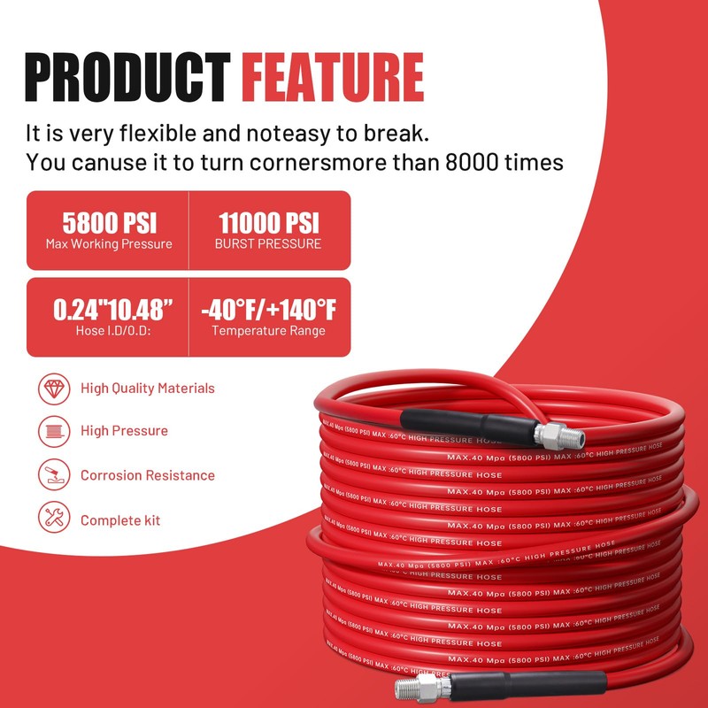 100FT Sewer Jetter Kit for Pressure Washer,1/4 Inch NPT Corner