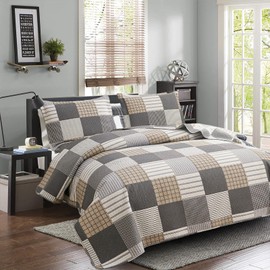 Plaid Quilt Set Twin Size Bedspread - Patchwork Bedding for Boys and Men - Brown White Lightweight Reversible Coverlet - Soft Microfibers All Season