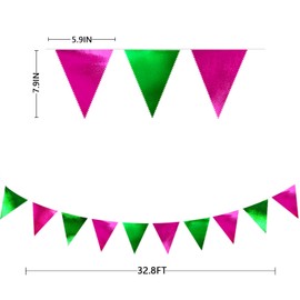 Pink and Green Party Decorations Metallic Hot Pink Light Green Fabric Triangle Pennant Banner Flag Bunting Garland for Witches Theme Birthday Wedding Baby Shower Engagement Bachelorette Party Supplies