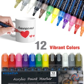 Acrylic Paint Marker Pens, Set of 12 Colors Markers Water Based Paint Pen for Rock Painting, Canvas, DIY Craft, School Project, Glass, Ceramic, Wood, Metal (Medium Tip)