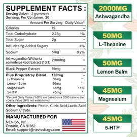 NEVISS Ashwagandha Gummies 2000mg, Feel Refreshed, Plus Proprietary Blend with L-Theanine, 5-HTP, Lemon Balm, Magnesium for Calm, Zzzs & Relaxation Support, 120 Count