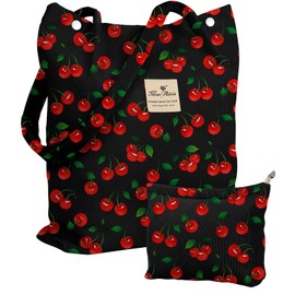 Miss Adola 2 Pack Aesthetic Corduroy Tote Bag - with Corduroy Makeup Pouch Bag for Women Shiny Cherry Reusable Grocery Bag with Buckle Shoulder Bag for Gym, Travel, Work