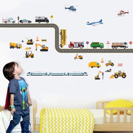 Road Transports Wall Stickers Car Wall Decals for Kids Boys Truck Construction Vehicles Wall Stickers for Nursery Bedroom Living Room Art murals Decorations