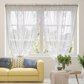 White Lace Curtain, Floral Embroidery Voile Curtain with Eyelets, Jacquard Curtains with 3D Floral Pattern, Country House Style Panel Curtains for Kitchen, Living Room, Bedroom Decor, Balcony Door, 2