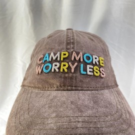 Time And Tru "Camp More Worry Less" Brown Denim Embroidered Strapback Hat -New