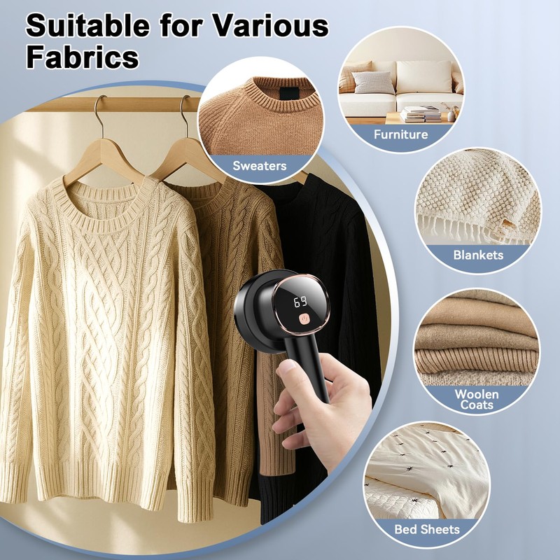 Rechargeable Fabric Shaver, 6-Leaf Blades, LED Display, 3 Speeds