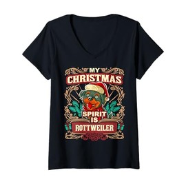 Womens Rottweiler My Christmas Spirit Dog Santa Claus Elf Reindeer V-Neck T-Shirt